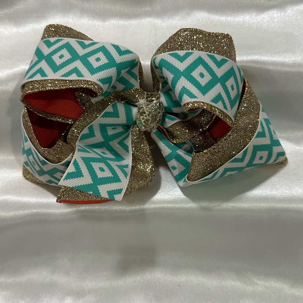 Kids Teal Geometric & Gold Glitter XL Hair Bow- bundle 2+ and save on shipping.